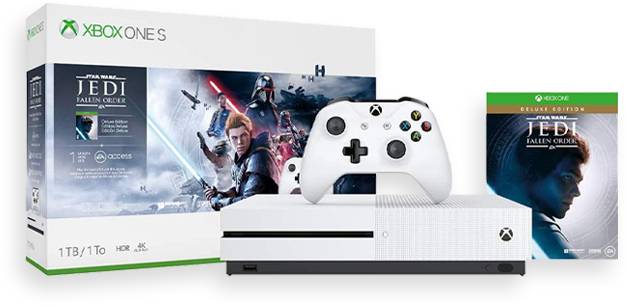 Image depicts an XBOX One S game console and a controller sitting on top of the console.