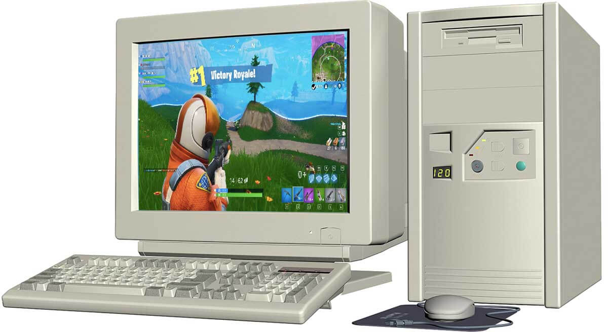 Early two thousand's style desktop with Fornite on the screen.
