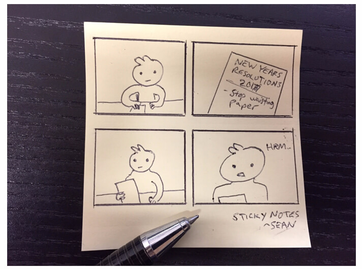 Sticky note with a comic about stopping writing on paper.