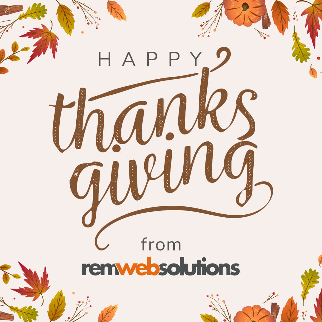 Graphic with leaves and pumpkins with thext that say happy thanksgiving