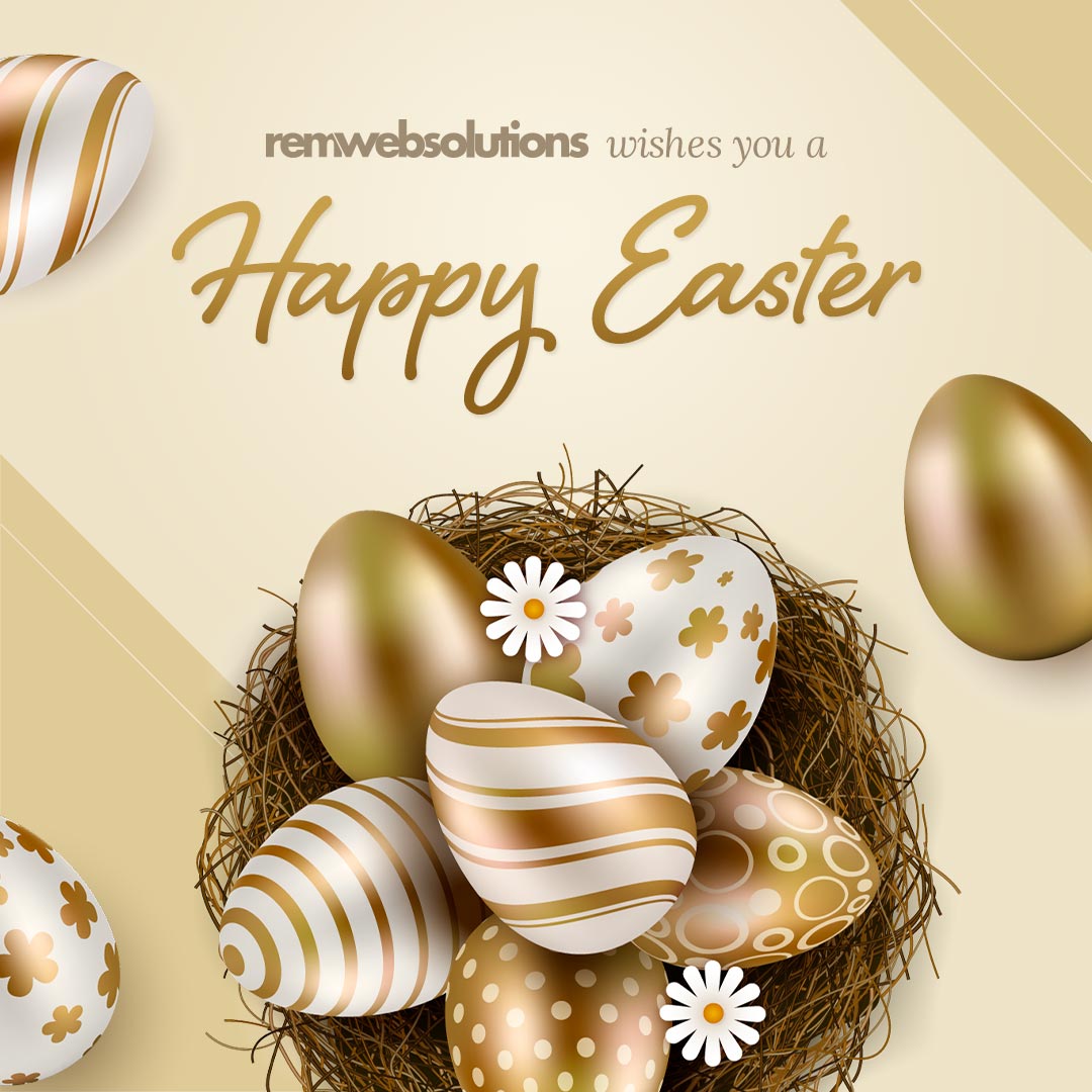 Illustration of golden eggs and "REM wishes you a Happy Easter" text