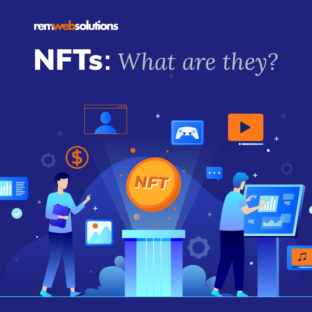 Illustration of two people next to an NFT coin and digital items