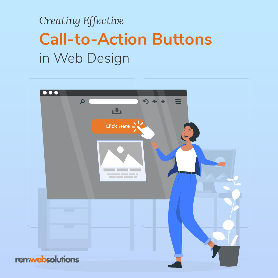 Illustration of woman next to a browser screen with an orange button