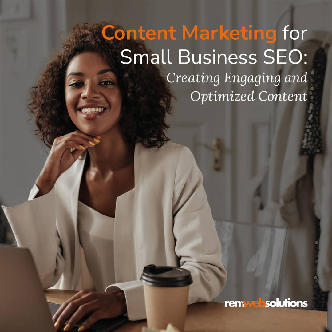Business woman in fashion industry smiling at desk with laptop and coffee. "Content Marketing for Small Business SEO: Creating Engaging and Optimized Content"