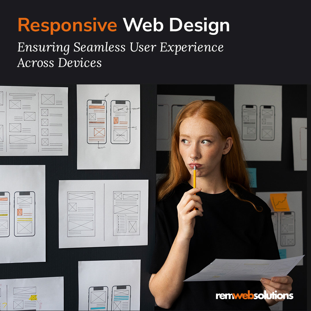 Woman standing beside wall of responsive web wireframes. 