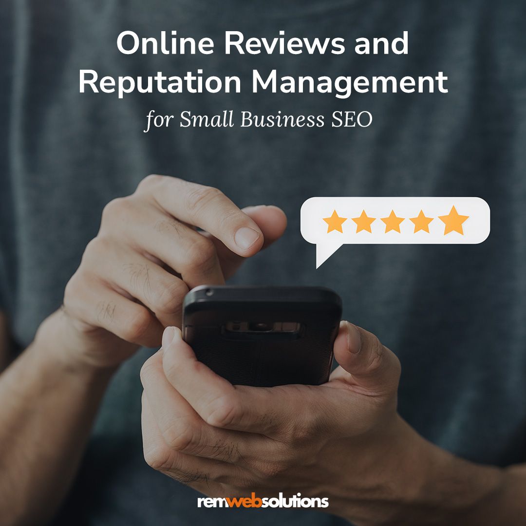 Man holding phone, 5 star review "Online Reviews and Reputation Management for Small Business SEO"