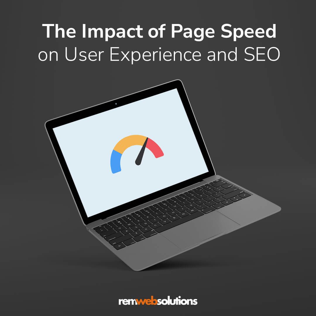 Laptop with page speed icon on the screen. "The Impact of Page Speed on User Experience and SEO" REM Web Solutions.
