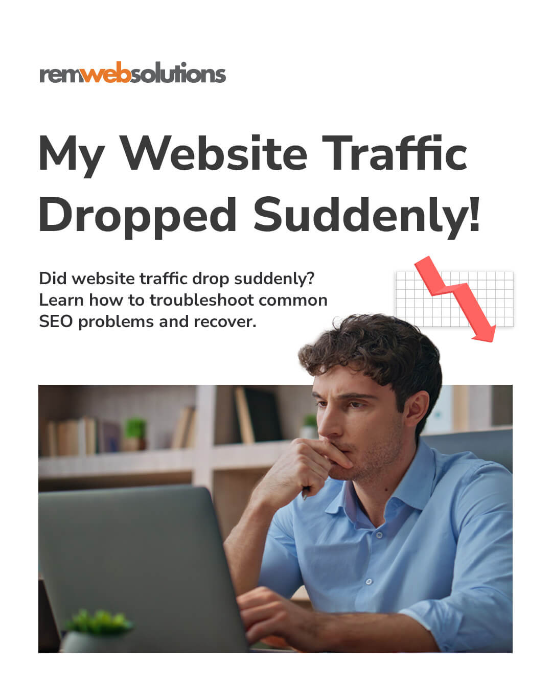 Man working on laptop with graph and arrow declining