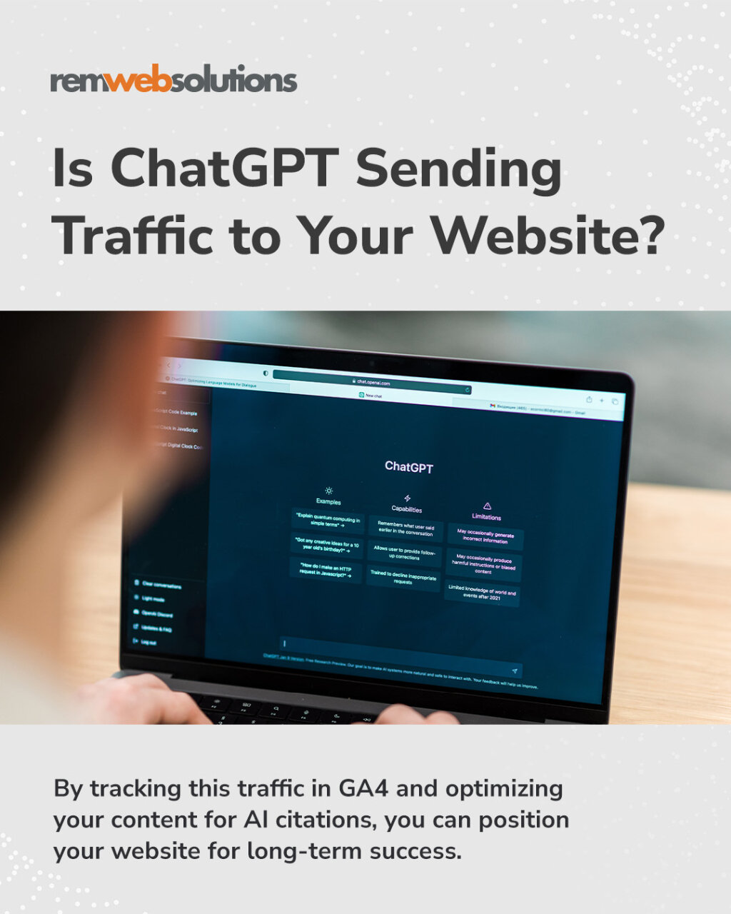 "Is ChatGPT sending traffic to your website?" Laptop screen searching on ChatGPT.