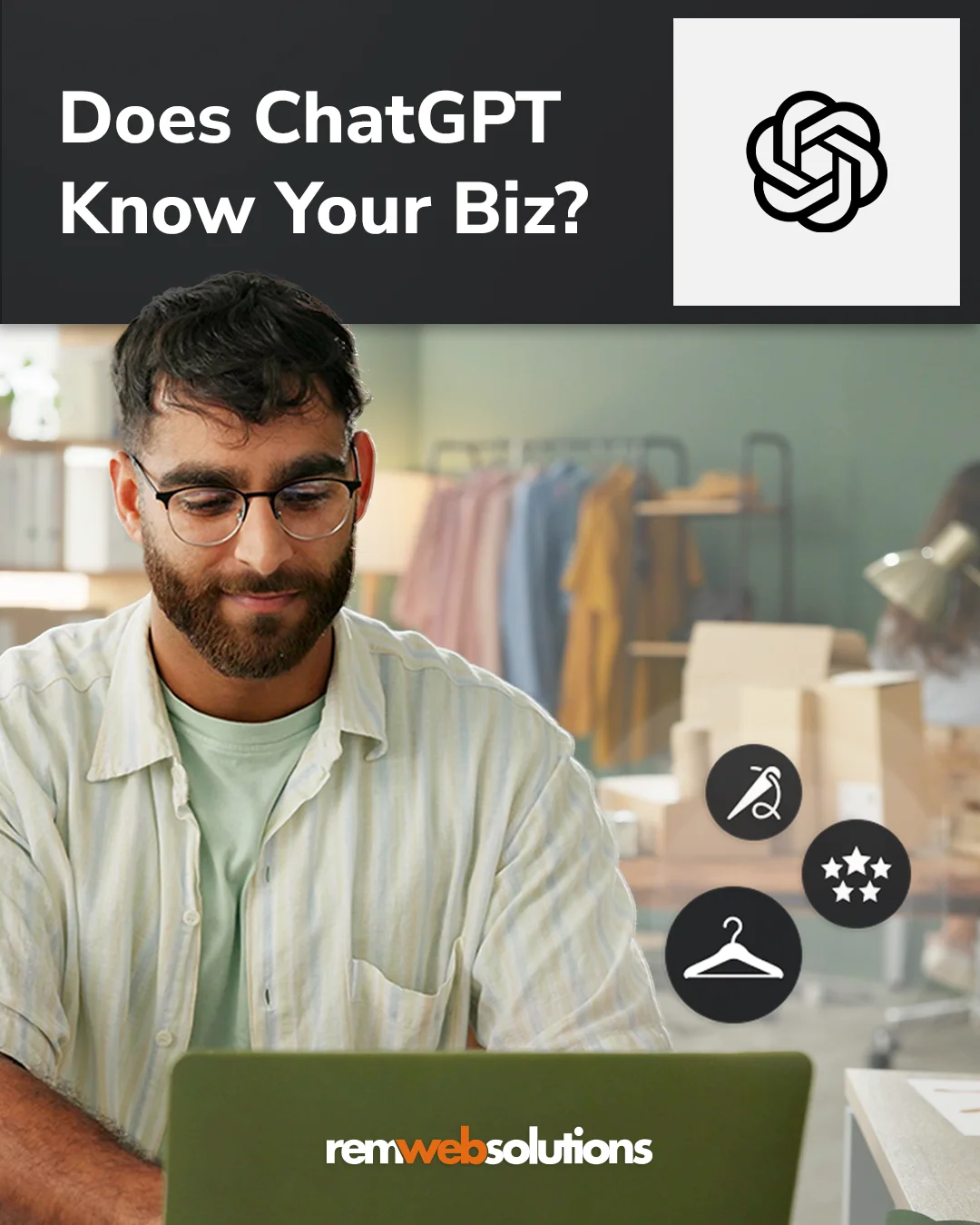 Man on laptop in workplace, ChatGPT logo