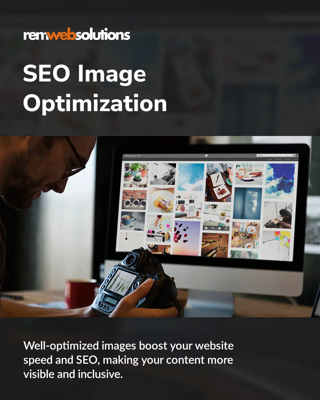 Photographer looking at DSLR camera with monitor and web portfolio in the background