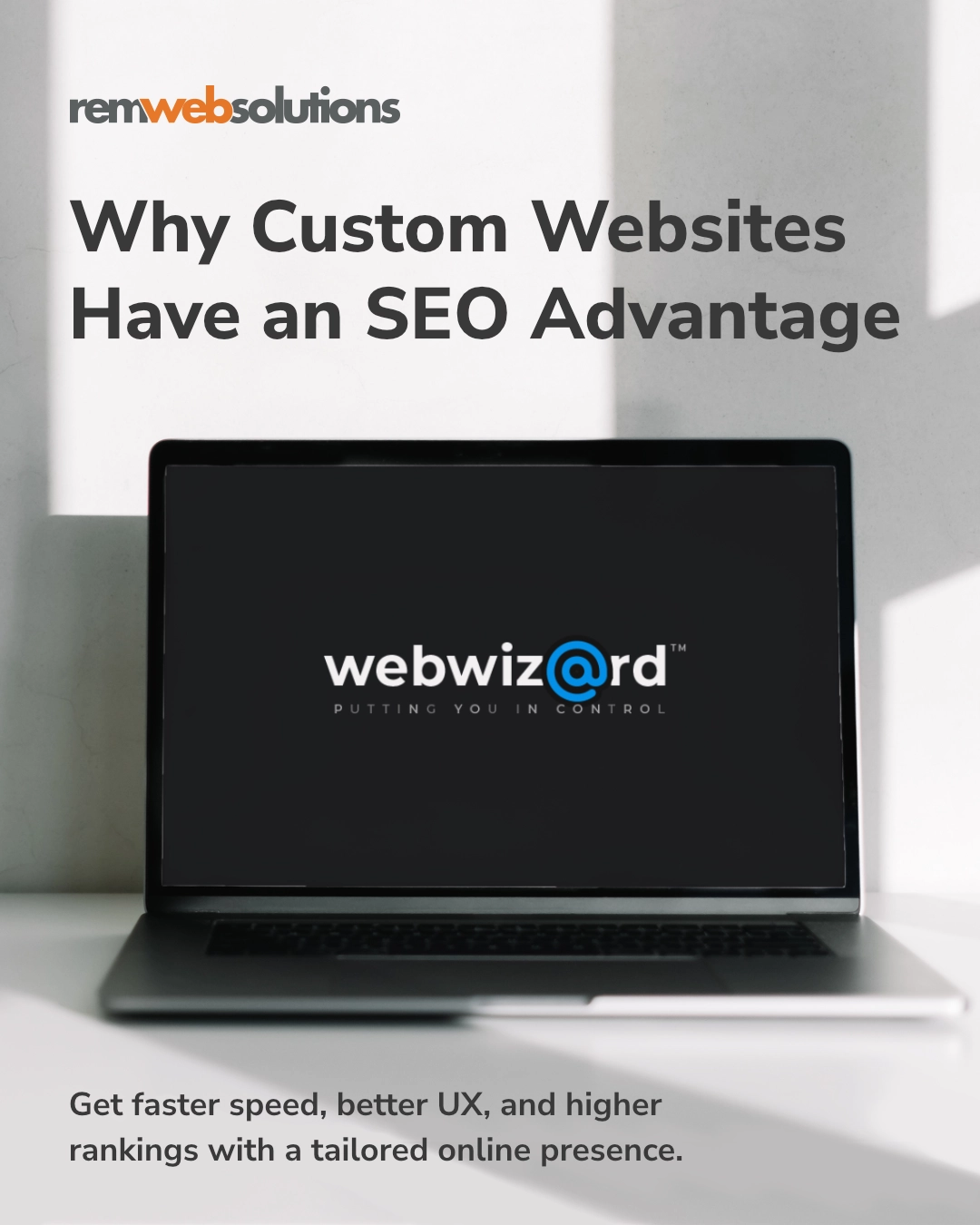 Laptop with Webwiz@rd logo, custom CMS.