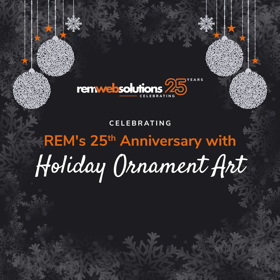 REM's 25th Anniversary logo on a dark grey and orange holiday ornaments background