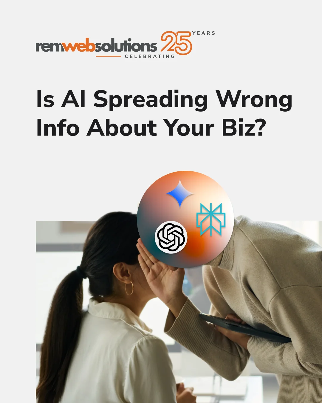 Woman whispering to a coworker in office setting. AI platform icons.
